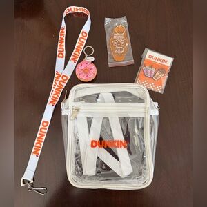 Set of 5 Dunkin' Clear Crossbody Bag, lanyard, enamel pins, donut & hotel key.